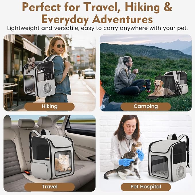 Cat Backpack Carrier with Cooling Fan & Heating Pad, Expandable & Breathable Pet Backpack for Cats & Small Dogs, Travel Carrier for Hiking, Vet Visits, Grey