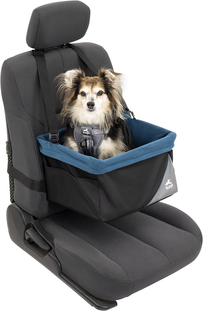Kurgo Dog Booster Seat - Keeps Dogs Secure & Comfortable - Waterproof Exterior - Removable Washable Liner - Dog Car Seat with Harness Strap - Collapsible - Rover Style - Black/Blue