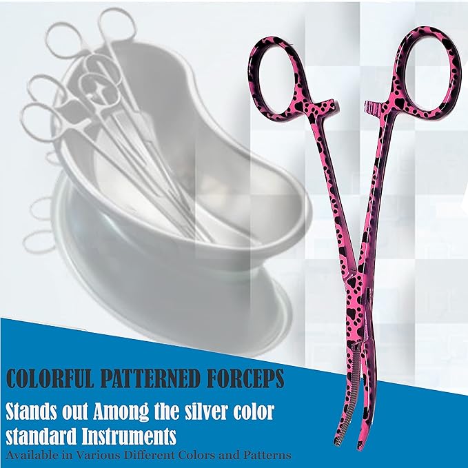 Dog Pet Ear/Nose Hair Puller Grooming Hemostat Locking Forceps Curved Pliers, 5.5" (14cm) Full Serrated Clamps Stainless Steel (Pink Paws)