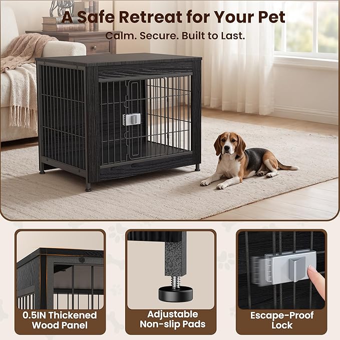 Wooden Dog Crate Furniture, 27in Dog Cage Furniture with Slide Safety Latch, Indoor Decorative End Table for High Anxiety Dogs, Furniture Style Dog Crate for Small to Medium Dogs, Black