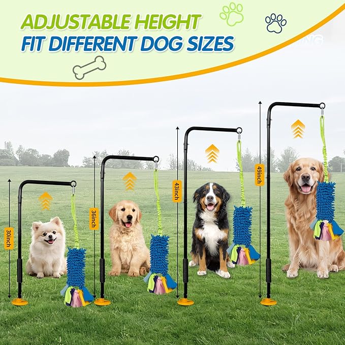 Heavy Duty Dog Spring Pole with Screw-In Ground Anchor & 360° Swivel, Adjustable Height 30-49", Durable Outdoor Tug Toy System with Bungee Squeak Rope for Large & High Energy Dogs Training