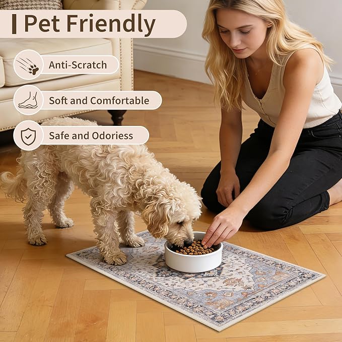 Boho Dog Feeding Mat, Absorbent Cat Matt for Food, Non Slip Pet Water Bowl Placemat Small for Floor, Cream & Terracotta & Blue Indoor Dog Eating Dish Mat 12"x20"
