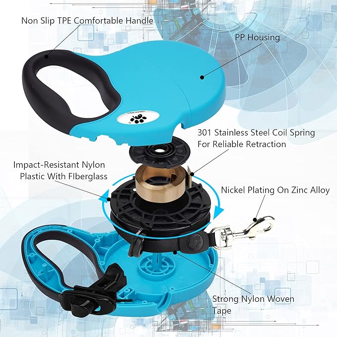 13 ft Retractable Dog Leash for Large Dogs up to 26 lbs,Tangle-Free Nylon Tape,Blue S