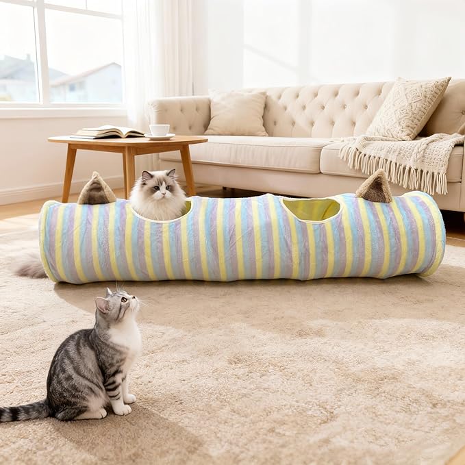 Cat Tunnel for Indoor Cats, Cute Cat Toy Tunnel for Small Large Cats, 45" Straight Cat Tunnel Toys with Balls & Crinkle Paper Ears Collapsible Peekaboo Cave for Kitten, Diameter 9.8" (Colorful Stripe)