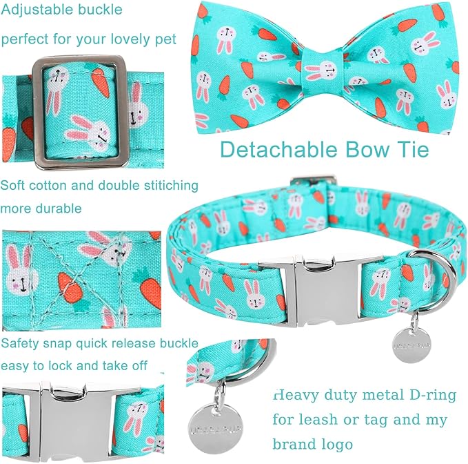 Easter Dog Collar with Bow Tie, Cotton Easter Bowtie Collar for Small Girl Boy Dog, Cute Carrot Pet Collar with Metal Buckle, Easter Gift Rabbit Dog Collar, S