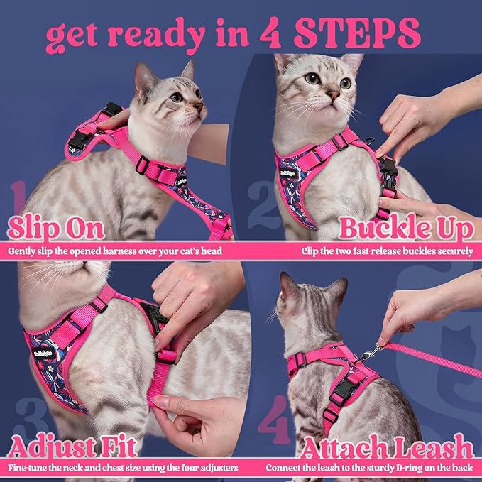 rabbitgoo Cat Harness and Leash Set, Escape Proof Kitten Harness for Safe Outdoor Walks, Soft Breathable Adjustable Vest with Reflective Strips for Kittens and Small Cats, Coconut Fuchsia, XS