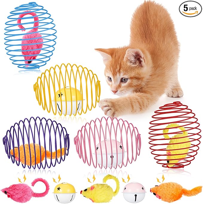 Jecery Cat Spring Balls Toys Stretchable Rolling Balls Colorful Playful Coils Interactive Action Toy Caged Rats for Kitten Pet Supplies (Mouse and Bell,Multicolor,5 Pcs)