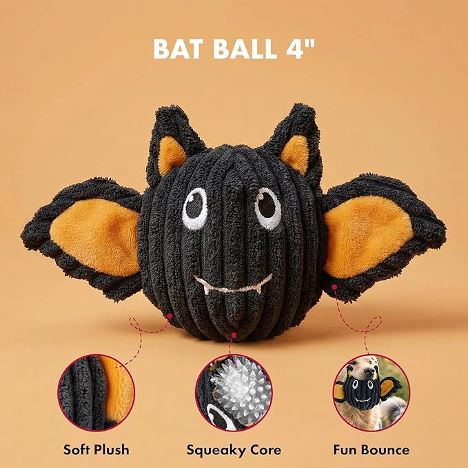 PetLou Bat & Mummy Head Squeaky Ball Dog Toy, Twin Pack (4"), Halloween Dog Toys, Durable & Stuffing-Free Pet Supplies for Small & Medium Dogs