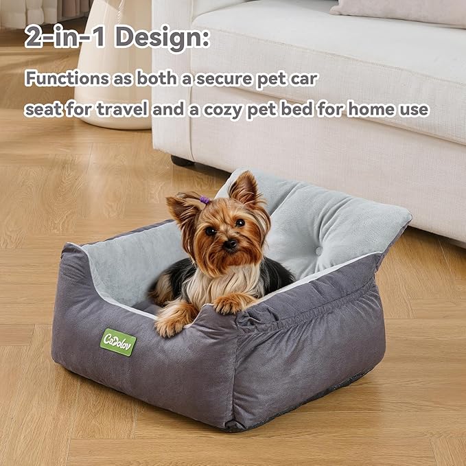 Dog Car Seat for Small Dogs up to 25lbs, Soft Comfy Pet Car Booster with Safety Belt & Pockets, Fully Washable Carseat Travel Dog Bed with Detachable Cushion