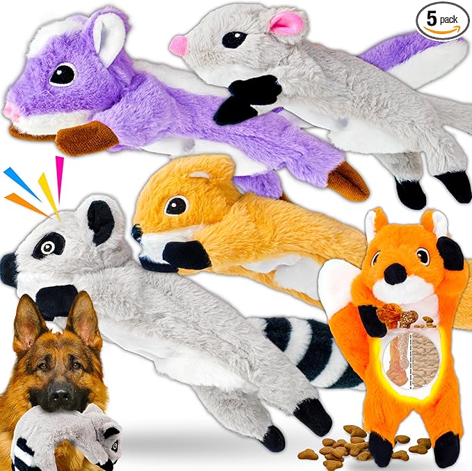 LECHONG 5-Pack Fluff-Free Squeaky Dog Toys - Crinkle No-Stuffing Body & Lightly Filled Head with Treat Hiden Pocket, Dog Toys Bundle for Aggressive Chewers Small Medium Large Dogs to Keep Them Busy