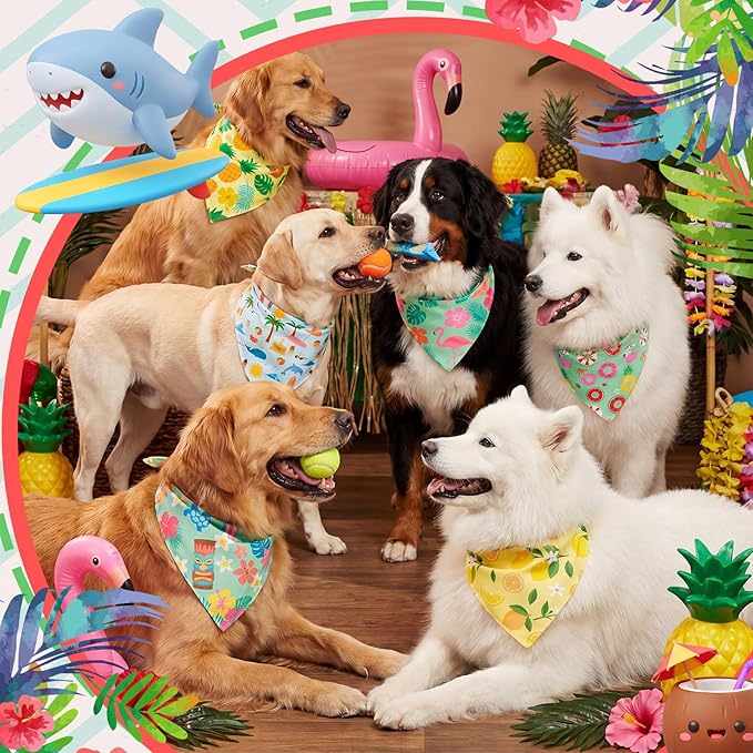 Weewooday 50 Pcs Summer Bandanas Bulk for Dogs Kerchief Bibs Scarves with Beach, Fruit, Hawaii Ice Cream Luau Aloha Pool for Small Medium Large Grooming Accessories(31.5 x 21.7 X21.7 Inch)