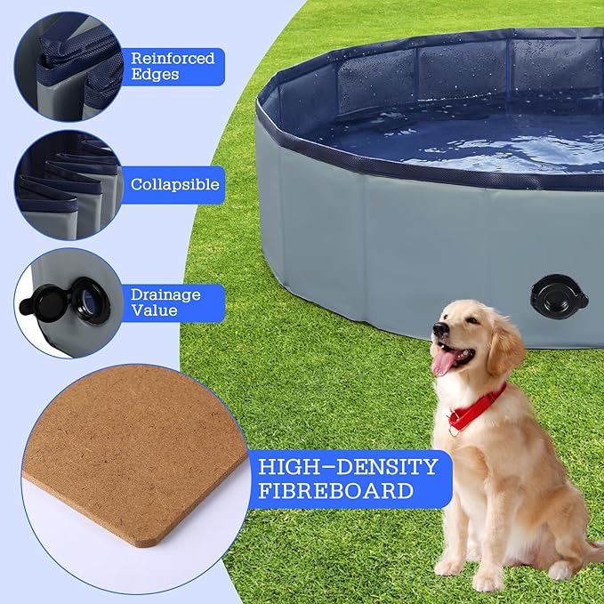 Eooqi Foldable Dog Pool, Portable Pet Bath Tub and Kiddie Swimming Pool, Collapsible Bathtub for Puppies, Small, Medium and Large Dogs, Cats and Kids, 32 x 8 in, Gray