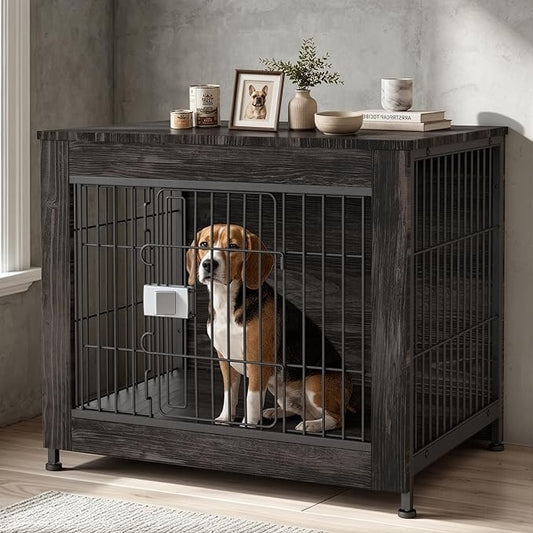 Wooden Dog Crate Furniture, 27in Dog Cage Furniture with Slide Safety Latch, Indoor Decorative End Table for High Anxiety Dogs, Furniture Style Dog Crate for Small to Medium Dogs, Rustic Brown