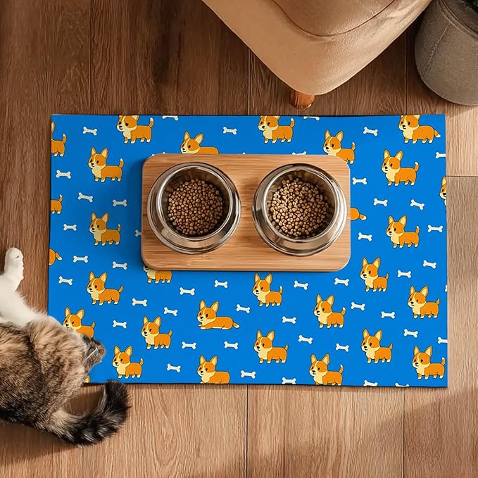 HOMETITUTE 24x16 inch Cute Corgi Design Non Slip Pet Food Mat Dog Bowl Placemat for Food and Water Small Pet Bowl Mats Cat Food Mats Easy to Clean Feeding Mat for Small Pets