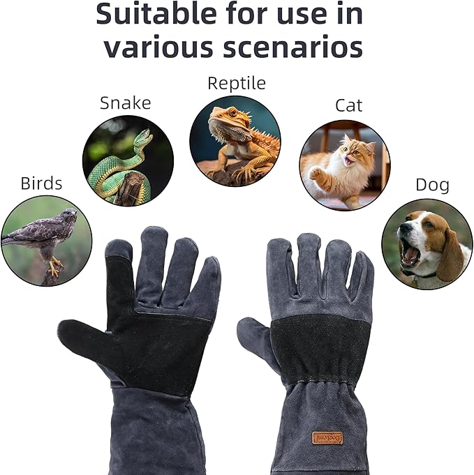 23.6 In Leather Welding Gloves - Pet Glove for Grabbing Reptile，Bite Resistant, Bite Proof, Safety Grooming for Dog Cat Reptiles, Snakes, Features an Adjustable Strap (Blue-gray)