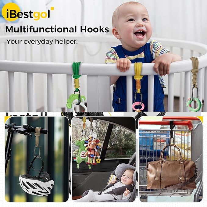 Baby Stroller Hooks, Universal Clips for Diaper and Mommy Bags, Heavy-Duty Hangers with Straps, Practical Stroller Accessory for Moms, Pink-2pc