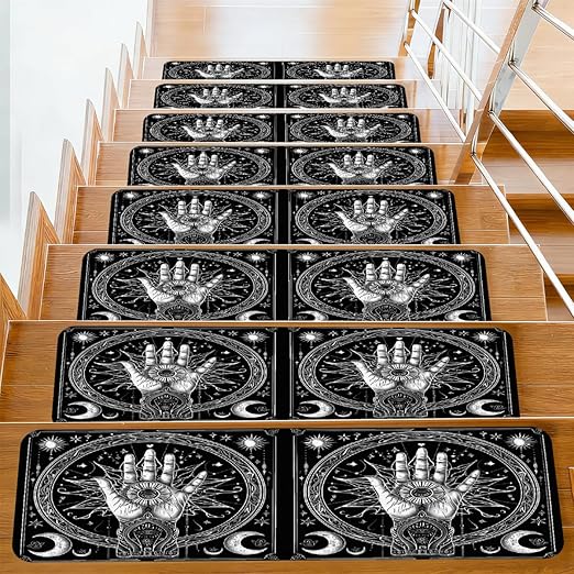 Abstract Sun Moon Stair Treads for Wooden Steps Indoor Washable Staircase Carpet 1PCS 30"x7.8" Stair Step Treads Non-Slip Staircase Covers Peel and Stick Safety Mat for Kids Elders Pets