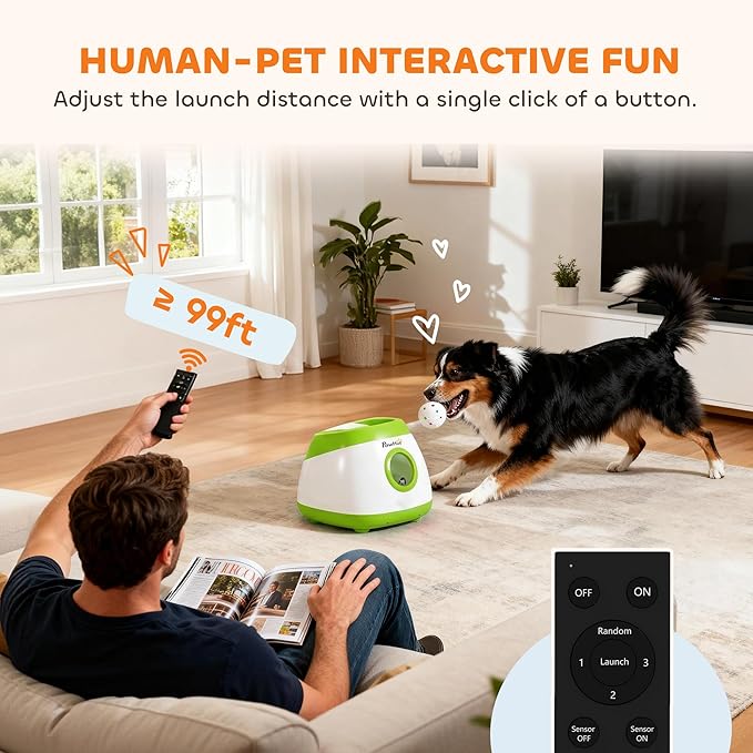 PawHut Automatic Dog Ball Launcher, Rechargeable Dog Ball Thrower with Remote Control, 3 Adjustable Distance (39ft/59ft/78ft), 6 ETPU Tennis Fetch Toys 2.5", for Medium Large Breeds, Green