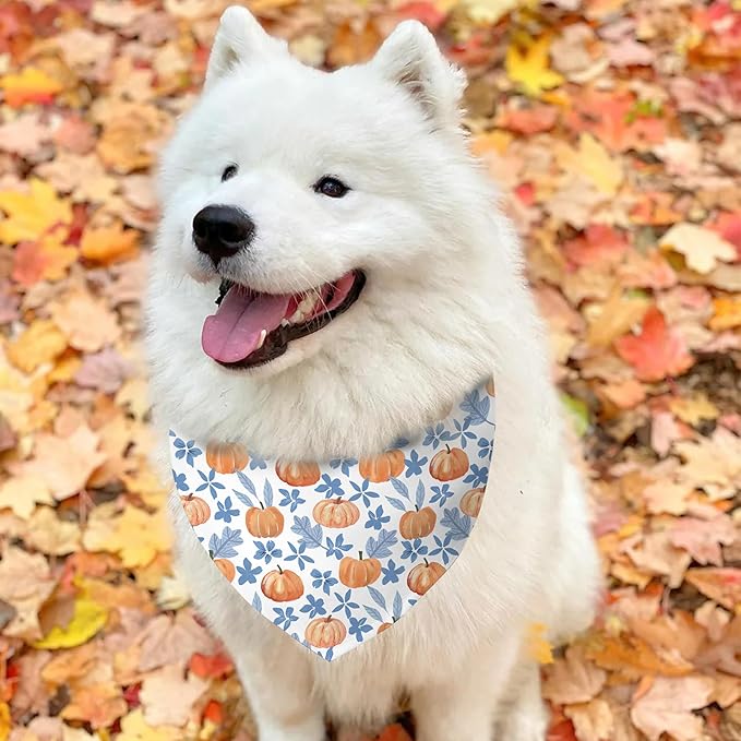 Fall Dog Bandana Reversible 2 Pack, Cute Autumn Pumpkin Leaves Fall Pet Bandanas Set Adjustable Triangle Holiday Scarves for Medium Large Extra Large Boy Girl Dogs