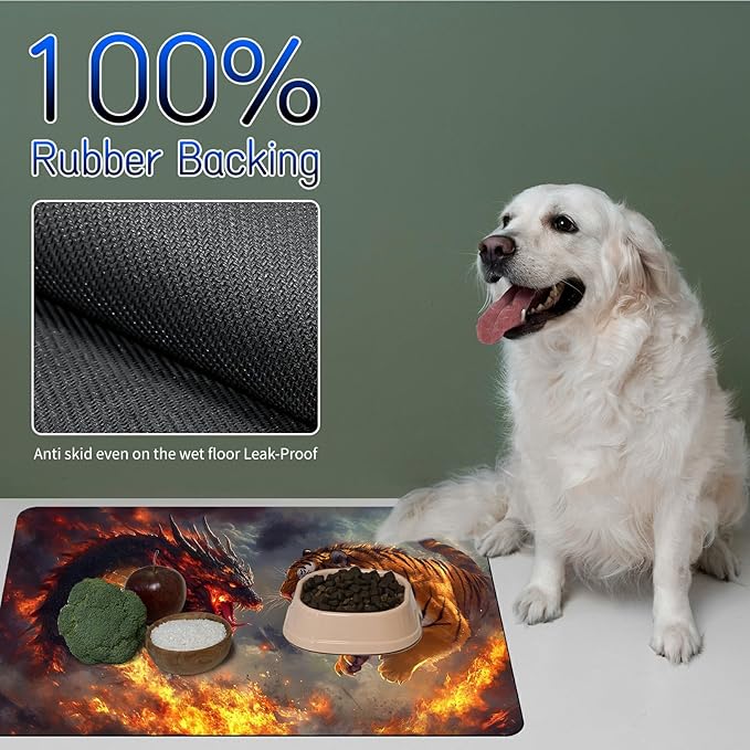 Dog Food Mat, 19.6" x 23.6" Absorbent Pet Feeding Mat for Food and Water, Waterproof Diatom Mud Pet Placemat with Non-Slip Rubber Backing, Cat Bowl Mat for Floors - Flame Tiger Dragon