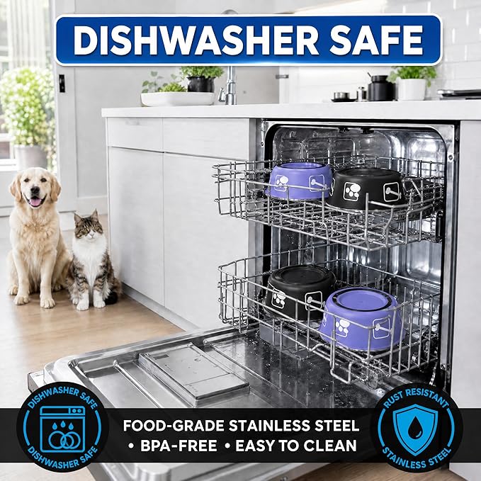 2-Pack Dog Bowls, Stainless Steel Pet Bowls, Thickened Rust-Proof Inner Bowl, Non-Slip Rubber Base, 2-in-1 Food & Water Bowl for Indoor Use (Black + Purple) (Black + Purple, L)