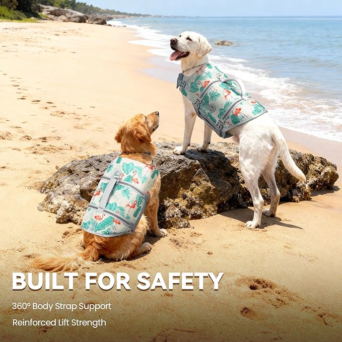 VIVAGLORY Rip Stop Dog Life Vest, Swimming Vest with Handle, Buoyancy for Doggy Puppy, Dog Life Jacket for Swimming & Boating, XS, Leaves Blue