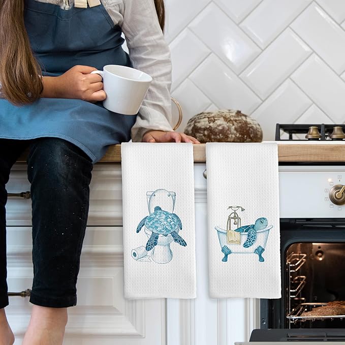 Funny Sea Turtle Bathroom Towels Set of 2, Ocean Animal Sea Turtle Hand Towel, Bathroom Restroom Washroom Decorative Tea Towel Dish Towels 16x24 Inch