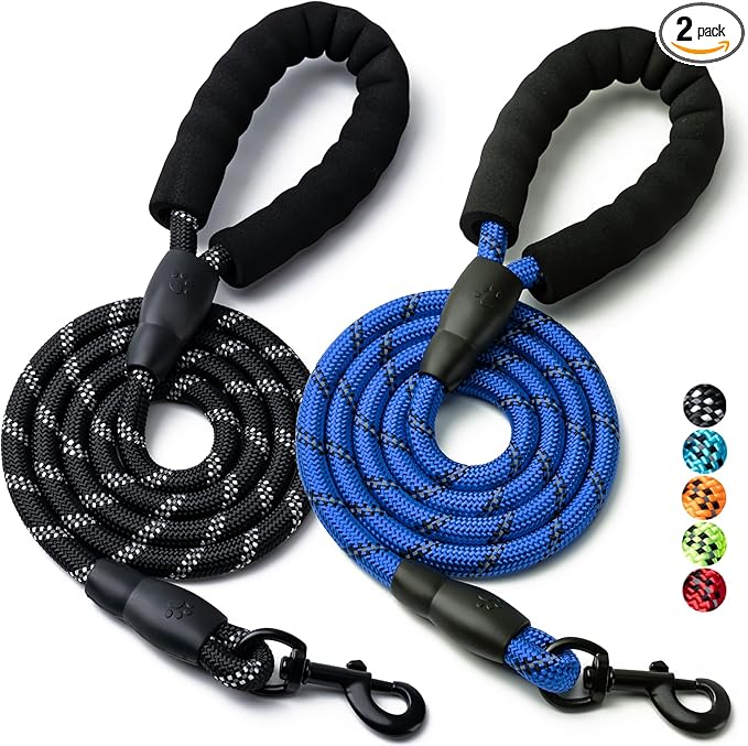 2 Pack Dog Leash, 4/5//6 FT Heavy Duty Nylon Rope Pet Leashes with Comfortable Padded Handle, Reflective Dog Leashes for Small Medium and Large Dogs (6FT-1/2,Black/Dark Blue)