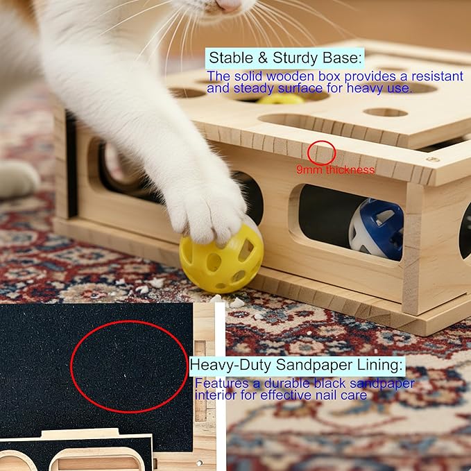 Cat Nail File Toy, Cat Scratch Puzzle Enrichment Box, Sandpaper Cat Scratcher Wooden Box, 2 catnips 3 Balls for Scratching, Boredom,Furniture Protection, 11.8" x 9.8"