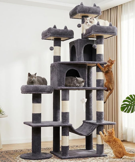 Heavy Duty Cat Tree for Indoor Cat, 71 Inch Large Cat Tower with Scratching Post and Top Perch, Hammock, Big Cat Condo for Adult Cats Kittens, PMT03DG, Dark Grey