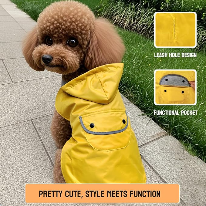 Dog Raincoat Dogs Rain Jacket Reflective Waterproof Pet Clothes Lined Poncho Rainwear Pocket Hooded Leash Hole Adjustable for Small Medium Dogs Puppy,Yellow,XL,Back Length 14.9 Inch