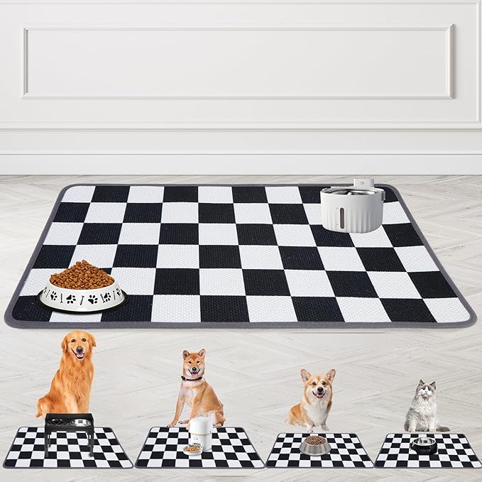 PUPTECK Dog Food Mat, Absorbent Pet Cat Feeding Mat for Food and Water Bowls, Anti-Slip Dog Placemat for Floors Waterproof, Pet Supplies Accessories, Black & White Checkered M