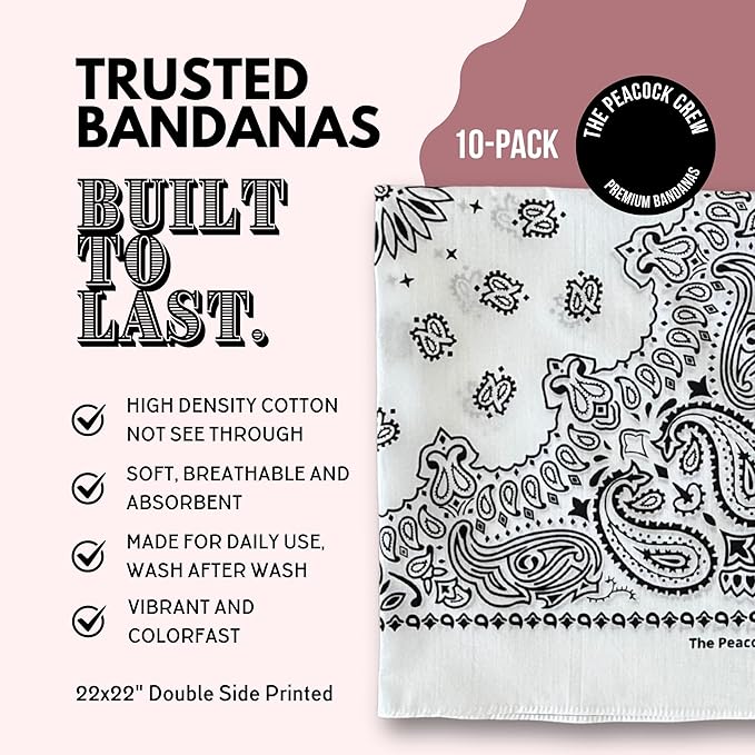 The Peacock Crew Premium Soft Cotton Bandanas Pack for Men and Women Paisley 22 x 22 inches