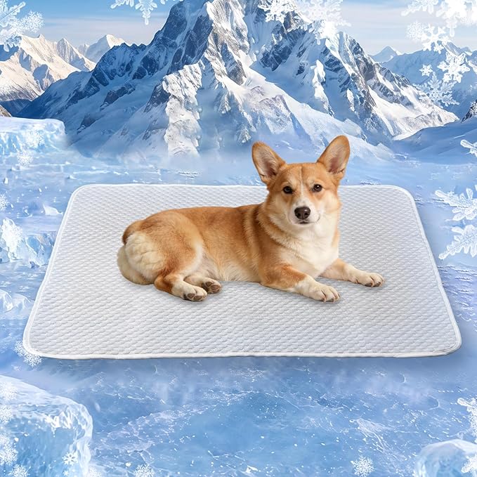 Dog Cooling Mat 38"x26" for Medium Dogs (Corgis, French Bulldogs), Q-Max>0.4 Ice-Silk, Waterproof Non-Slip Machine Washable for Crate Indoor Outdoor Travel (M)