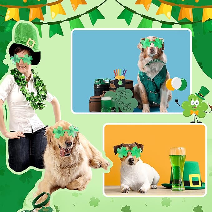 St. Patrick's Day Dog Sunglasses with Adjustable Strap, Green Shamrock Pet Glasses Accessory for Medium Large Dogs Cats, Irish Festival Parade Costume & Photo Prop(General)