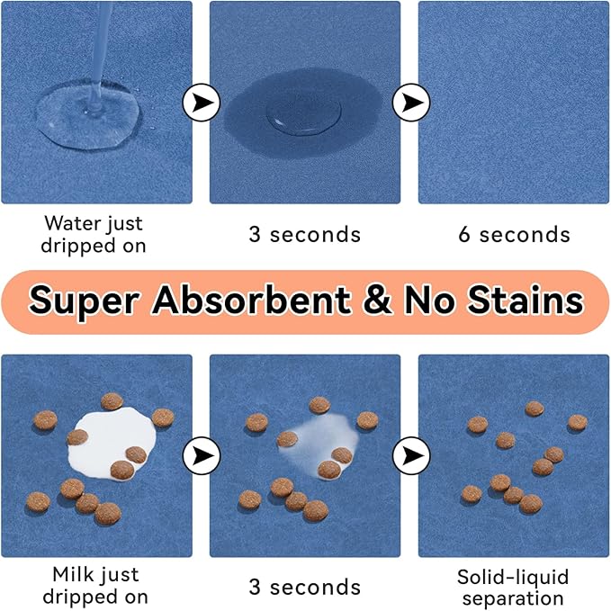 Dog Cat Feeding Mat-Absorbent Pet Bowl Mat for Food and Water, Quick Dry Water Dispenser Mat for Floors with Waterproof Rubber Backing, Puppy Cat Placemat Mats for Messy Drinkers,12"x20",Blue