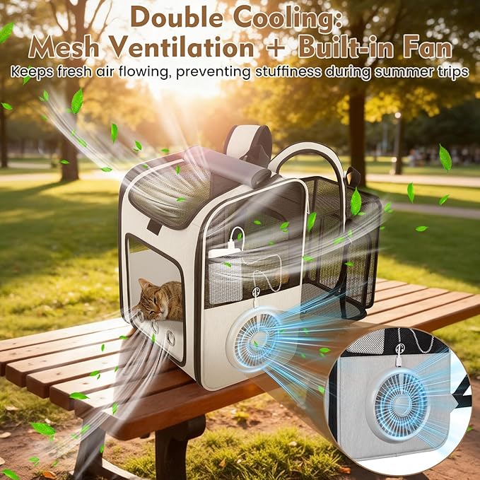 Cat Backpack Carrier with Cooling Fan & Heating Pad, Expandable & Breathable Pet Backpack for Cats & Small Dogs, Travel Carrier for Hiking, Vet Visits, Grey