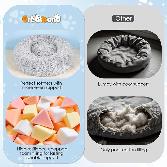 Donut Dog Bed, 31 inches Round Dog Bed with Removable Washable Cover & Foam Filling for Small Medium Dogs and Cats,Cute Pet Bed with Comfort Fluffy Plush Fur & Anti Slip Bottom，Grey