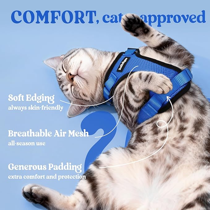 rabbitgoo Cat Harness and Leash Set, Escape Proof Vest Harness for Safe Outdoor Walks, Soft Breathable Adjustable Vest with Reflective Strips for Small and Average Cats, Navy Blue, S