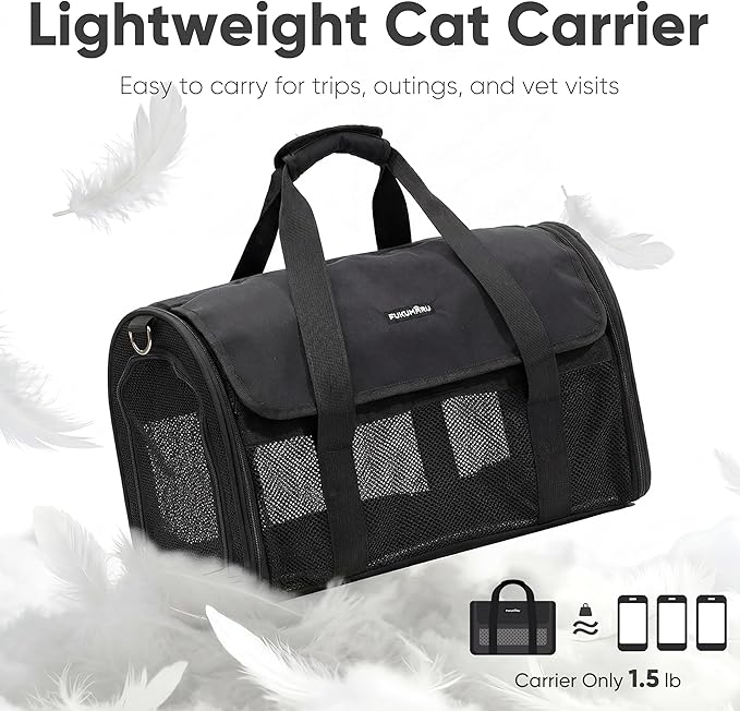 FUKUMARU Cat Carrier, Light & Airy Pet Carrier, 18x11x11 Airline Approved Dog Carrier for Small Dogs, Collapsible Soft Cat Travel Carrier with Anti-Scratch Mesh, Black