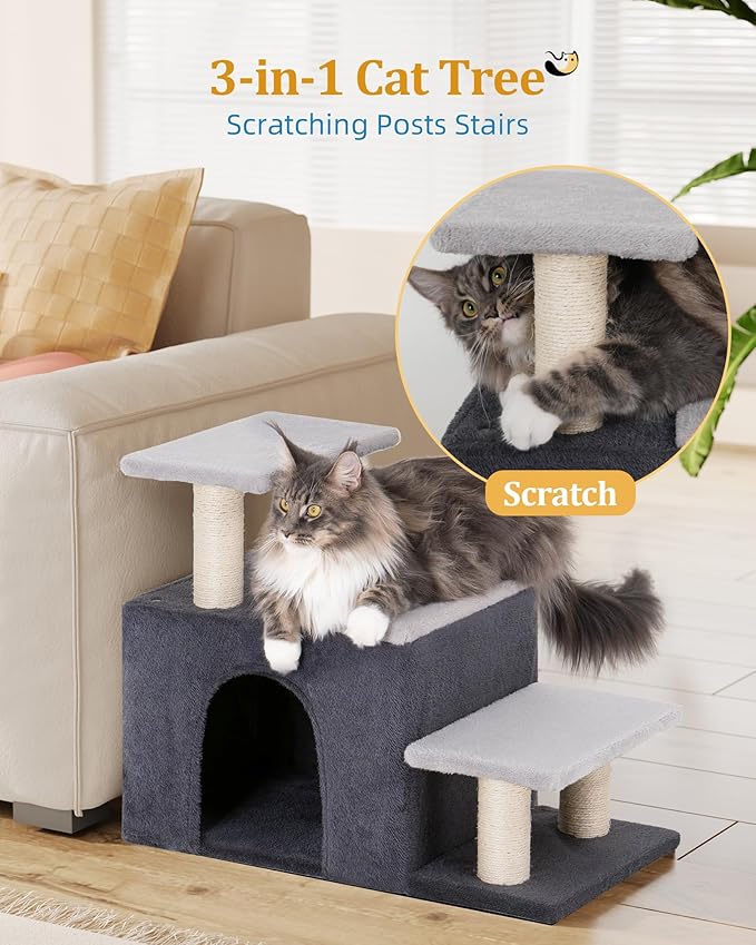 Aechonow 3-in-1 Pet Stairs for Cats, Dog Steps for Doggie Rabbits,7.8'' Depth Cat Stairs,Indoor Cat Steps for High Bed for Pet's Joints, Soft Plush, 1 Big Cat Condo Cave, Sisal Scratcher, Grey, Large