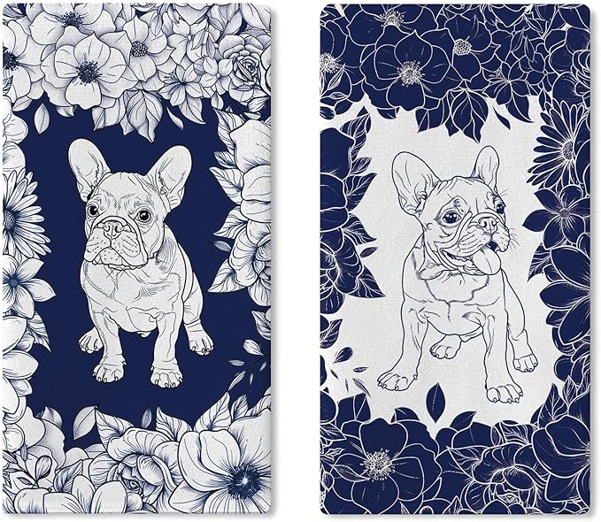Chinoiserie French Bulldog Flower Kitchen Dish Towels Set of 2, Retro Blue White Grandmillennial Dog Floral Drying Hand Towel Baking Cooking Cloth, Vintage Pet Bathroom Home Decoration 18''x26''