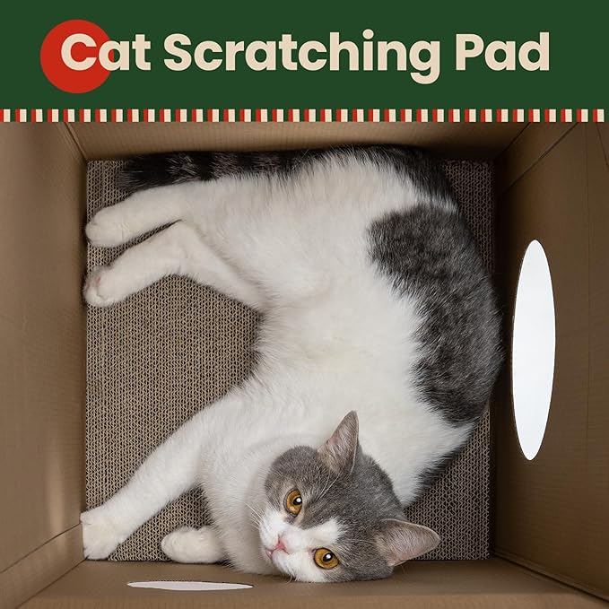 Conlun Cardboard Cat House with Scratch Pad & Catnip, Cat Play Scratching House for Indoor Hideaway Furniture, Heavy Duty Sturdy Cardboard Scratcher, Easy to Assemble Birthday Gift, Medium