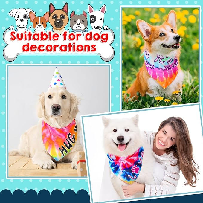 Huhumy 50 Pcs Tie Dye Dog Bandanas Bulk Pet Bibs Colorful Triangle Scarf Tie Dye with Sayings Pet Bandanas for Medium Large Dogs Spring Summer Birthday Costume Decor