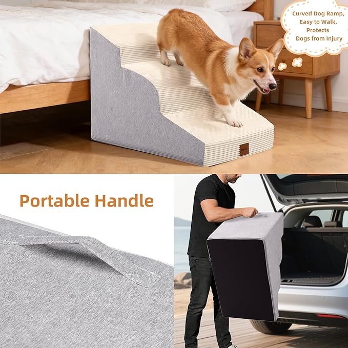 Dog Stairs for Small Dogs and Cats, 19.7" H, 4-Step Curved Pet Ramp for Beds or Couches, Non-Slip Medium Pet Steps with High Density Foam, Beige