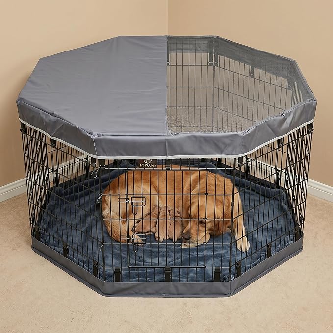 PJYuCien Octagonal Dog Playpen with Top Cover and Bottom Pad - Metal Foldable Exercise Pen, 8 Panels 36" H x 24" W Indoor Outdoor Pet Fence Puppy Crate Kennel, Gray