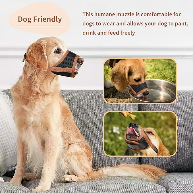 HEELE Dog Muzzle,Soft Nylon Muzzle Anti Biting Barking Chewing,Air Mesh Breathable Drinkable Adjustable Loop Pets Muzzle for Small Medium Large Dogs 4 Colors 4 Sizes (Brown, M)