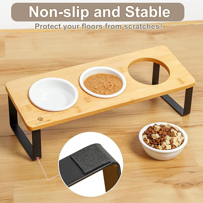 Sunhoo Raised Cat Food Water Bowl Elevated Tilted Kitty Dishes Set of 3 Ceramic Dish for Indoor Cats Orthopedic Pet Food Stand Reduces Vomiting 3 Bowl Cat Feeder Easy Assembly(Wood Color)