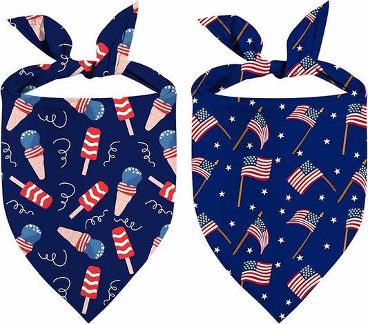 4th of July Dog Bandanas, Patriotic Pet Decorations 2 Pack, Adjustable Independence Day Holiday Party Bandana American Flag Triangle Bibs Cat Scarf Set