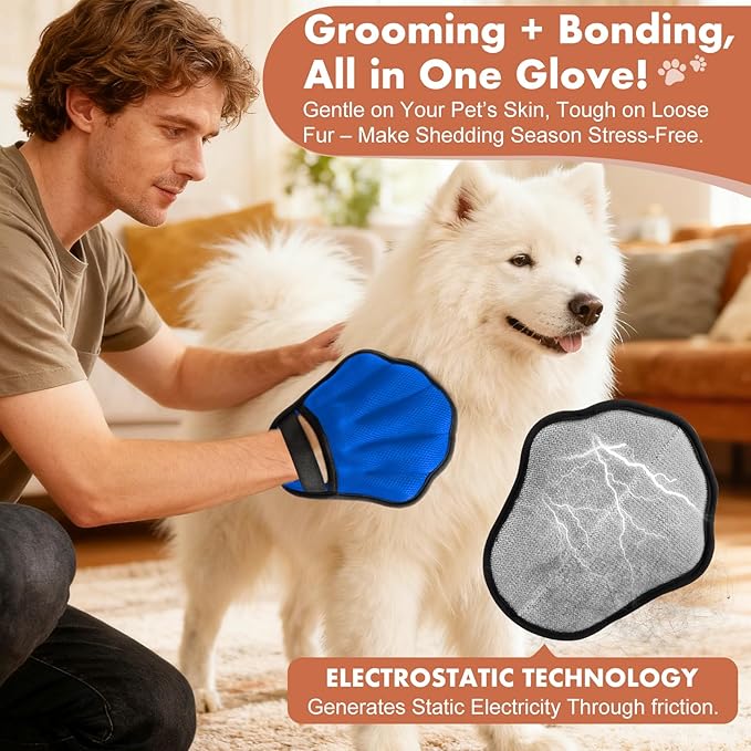 Pet Hair Removal Glove, Electrostatic Pet Hair Remover Glove for Cats & Dogs, Hair Remover Tools for Couch, Carpet, Clothing, Car Seat - Upgraded Five-Finger, Reusable，MediumBlue+LightGray